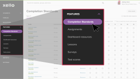 Educator account in Xello with the Features menu open with cursor selecting Completion Standards